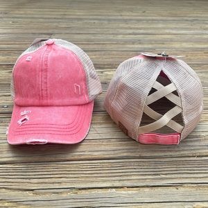 C.C Coral Pink Distressed Criss Cross Pony Cap